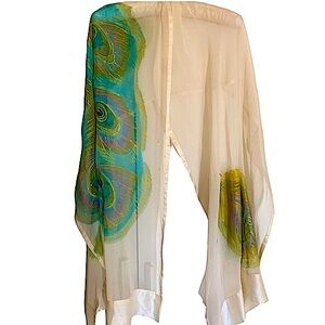 OOAK Hand Painted Silk Peacock Feather Shawl Scarf Unworn